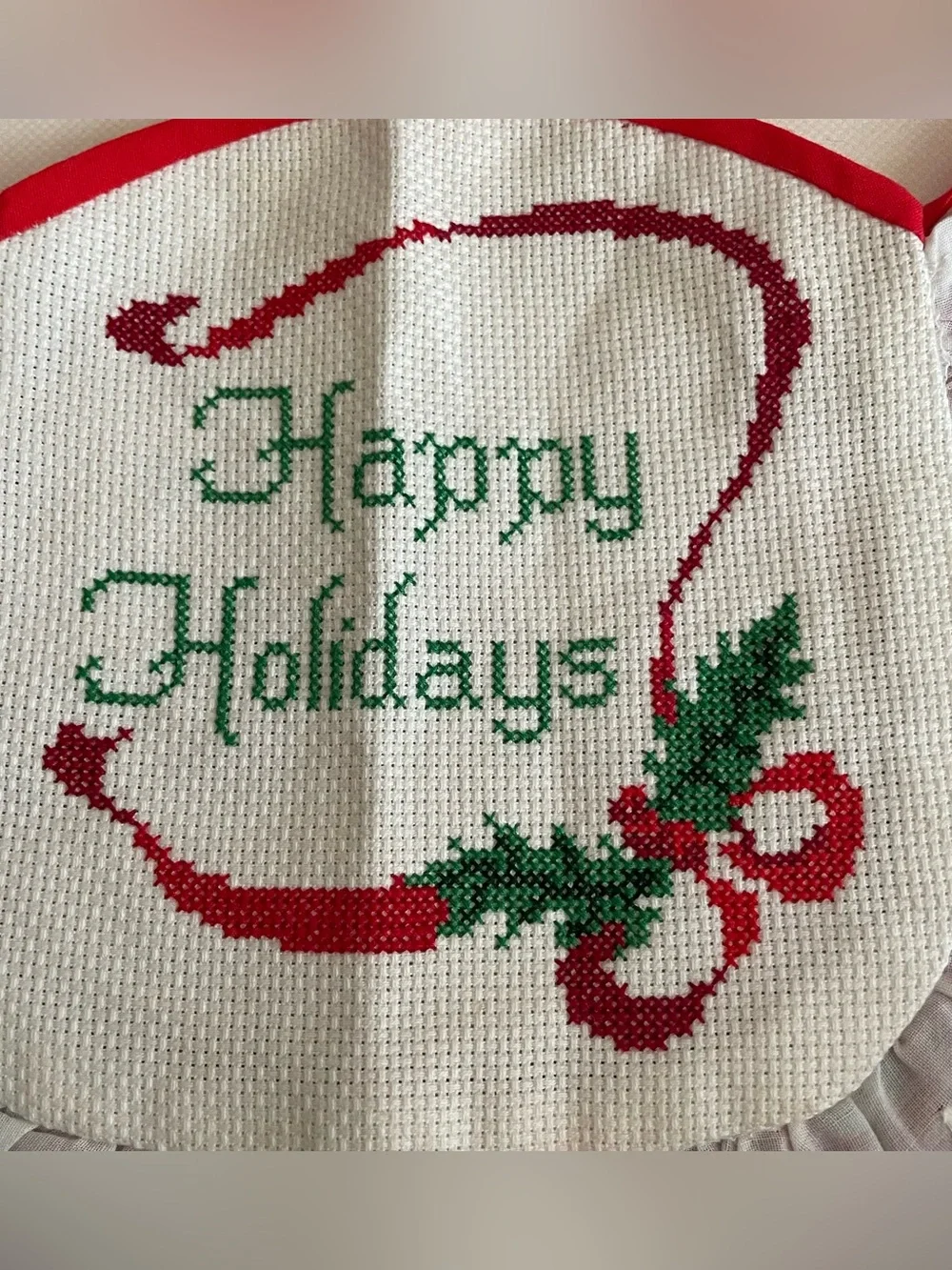 Vintage Cross Stitch Baby Bib Happy Holidays Red Green White Cottagecore Ruffle